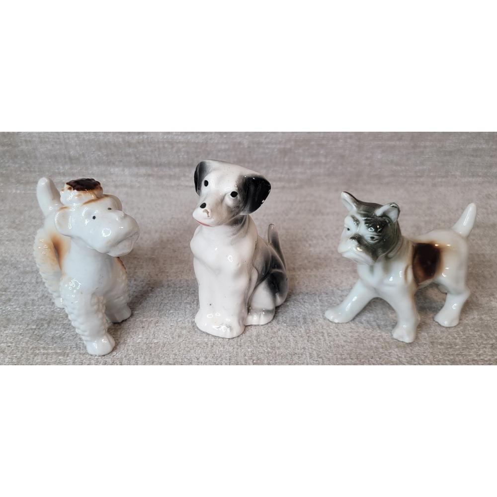 Vintage Porcelain Dog Figurines Japan Boxer Poodle Terrier Puppy Set of 3 MCM